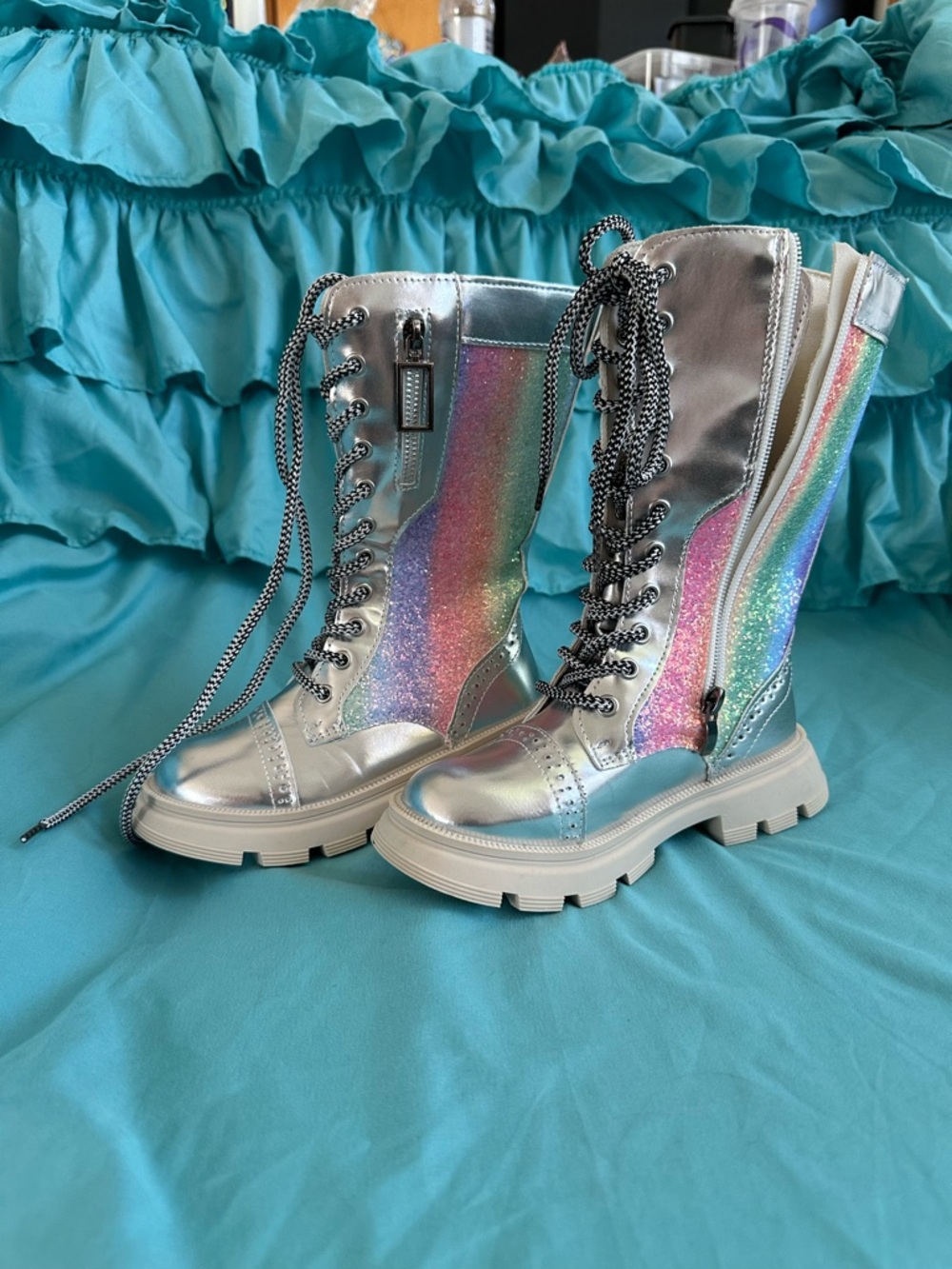 Taylor Swift inspired Metallic Silver Combat Boots with Rainbow Glitter Panels